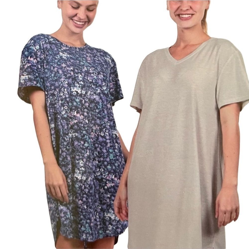 Natori 2 pack sleep shirt one is floral blue print and the other gray size small